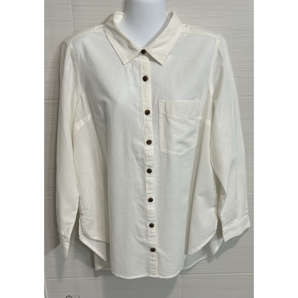 Terra & Sky Plus White Long Sleeve Button Up  0X/14W, 100% Cotton Neutral Clean